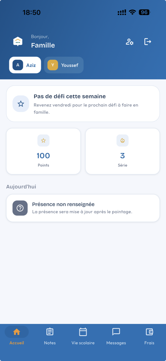 L'application famille La Récré — écran d'accueil avec le Défi du week-end, les points et la présence du jour